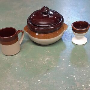 Vintage stoneware soup pot, toothpick holder, and egg dish.